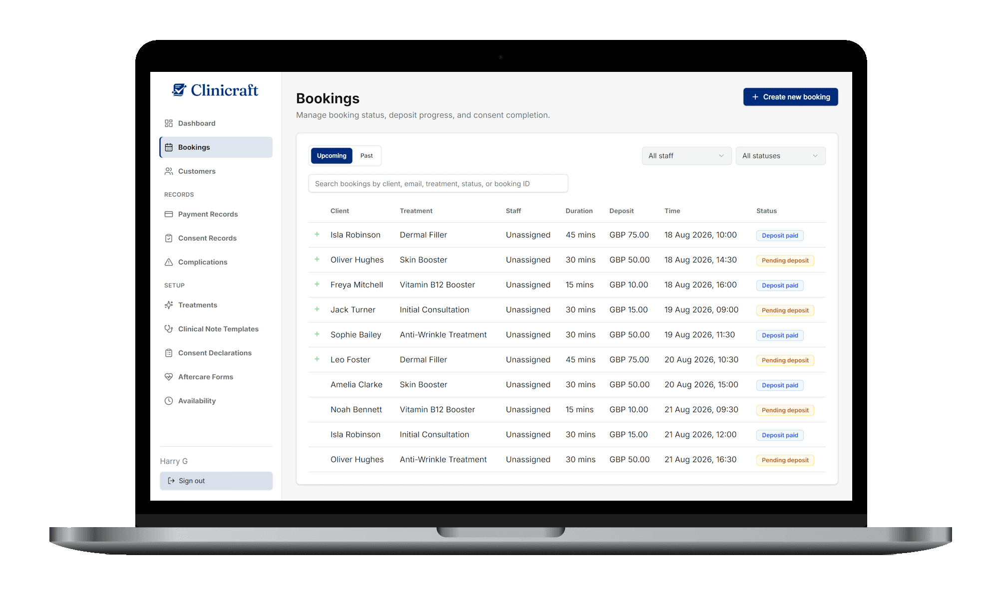 Bookings list showing client, treatment, deposit, and consent status