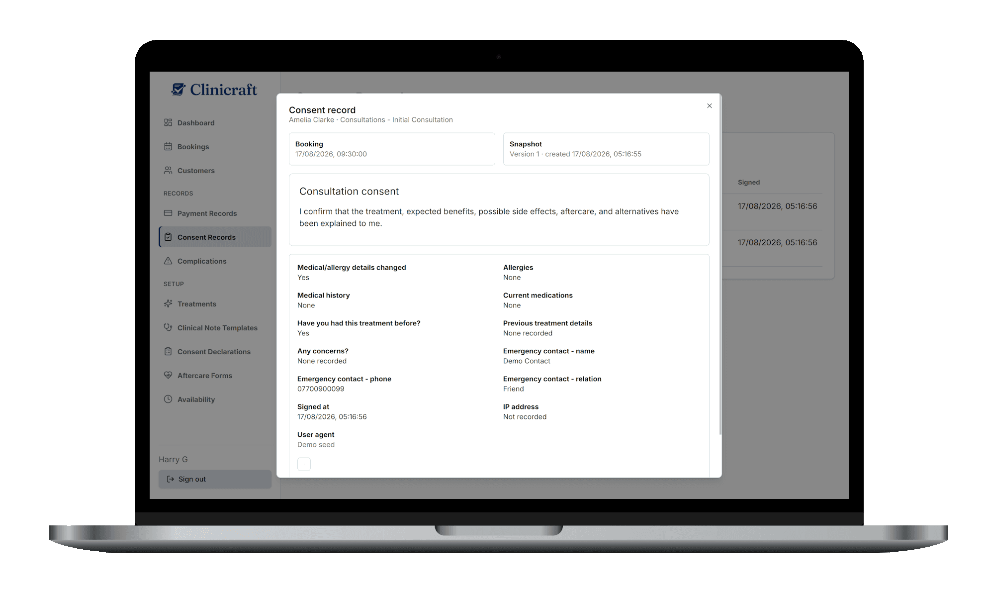 A locked, signed consent record with full questionnaire answers and audit details