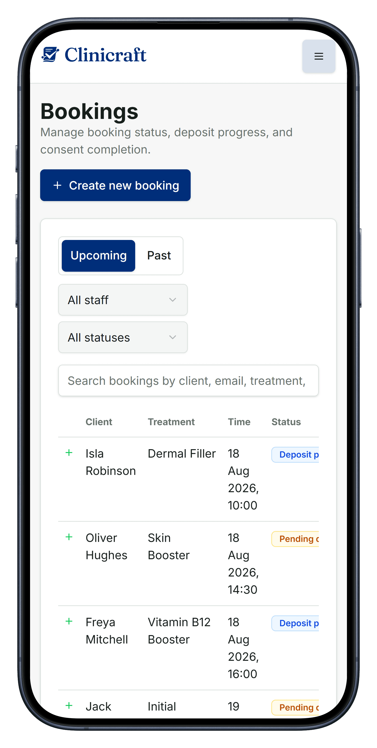 Bookings list showing client, treatment, deposit, and consent status