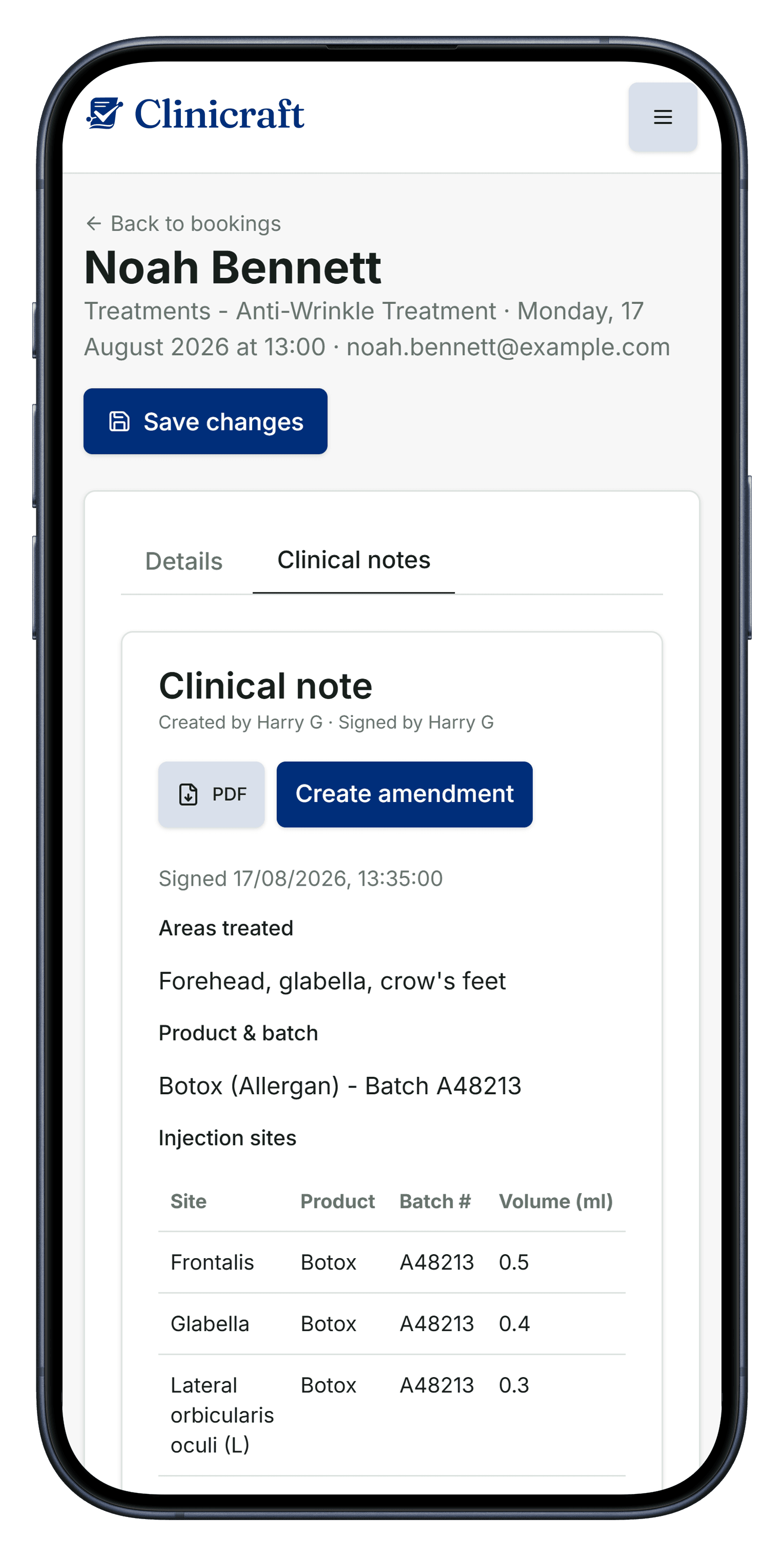 A signed clinical note with injection sites, product batch, and aftercare details