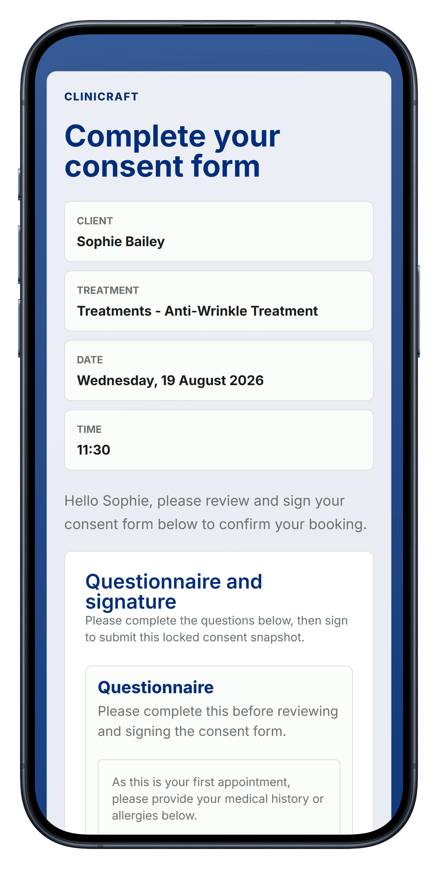A patient's branded consent form, ready to complete and sign online
