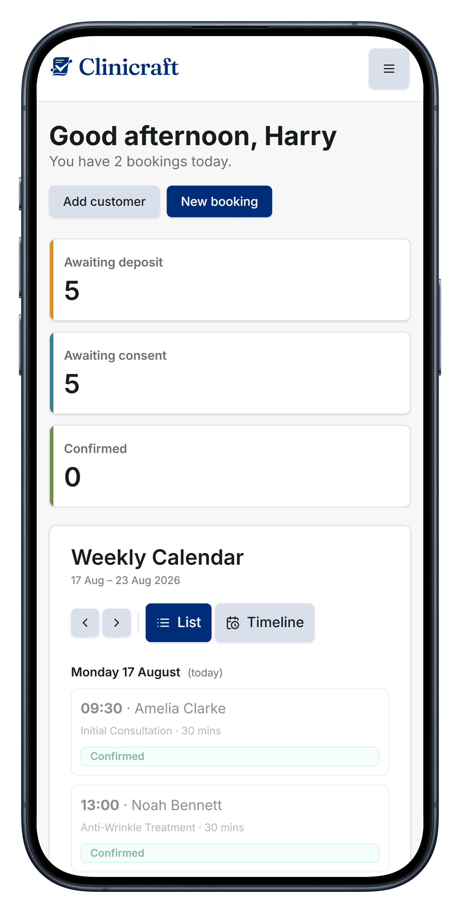 Clinicraft dashboard showing today's bookings, deposit and consent status, and the weekly calendar