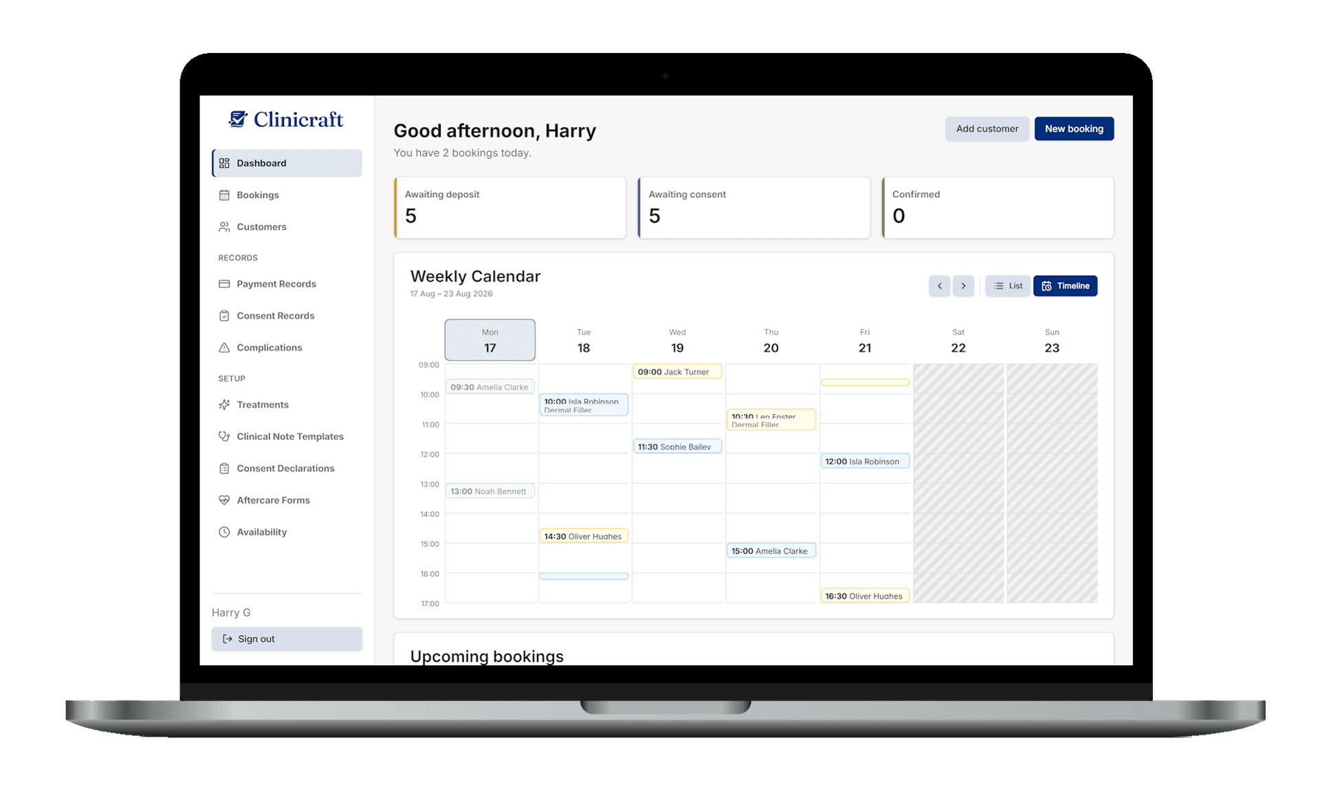 The Clinicraft dashboard overview